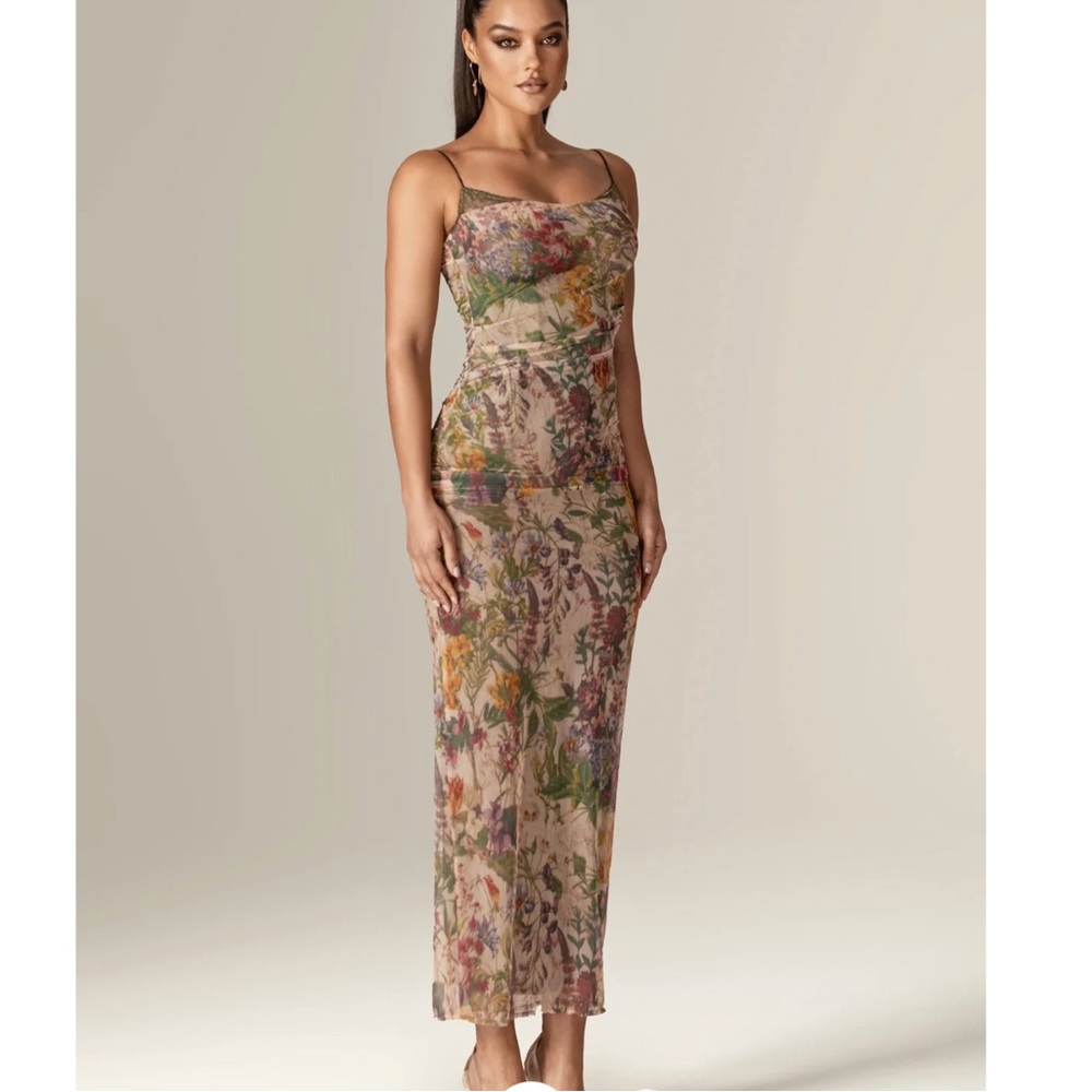 Floral Sheer Midi Dress in Beige
